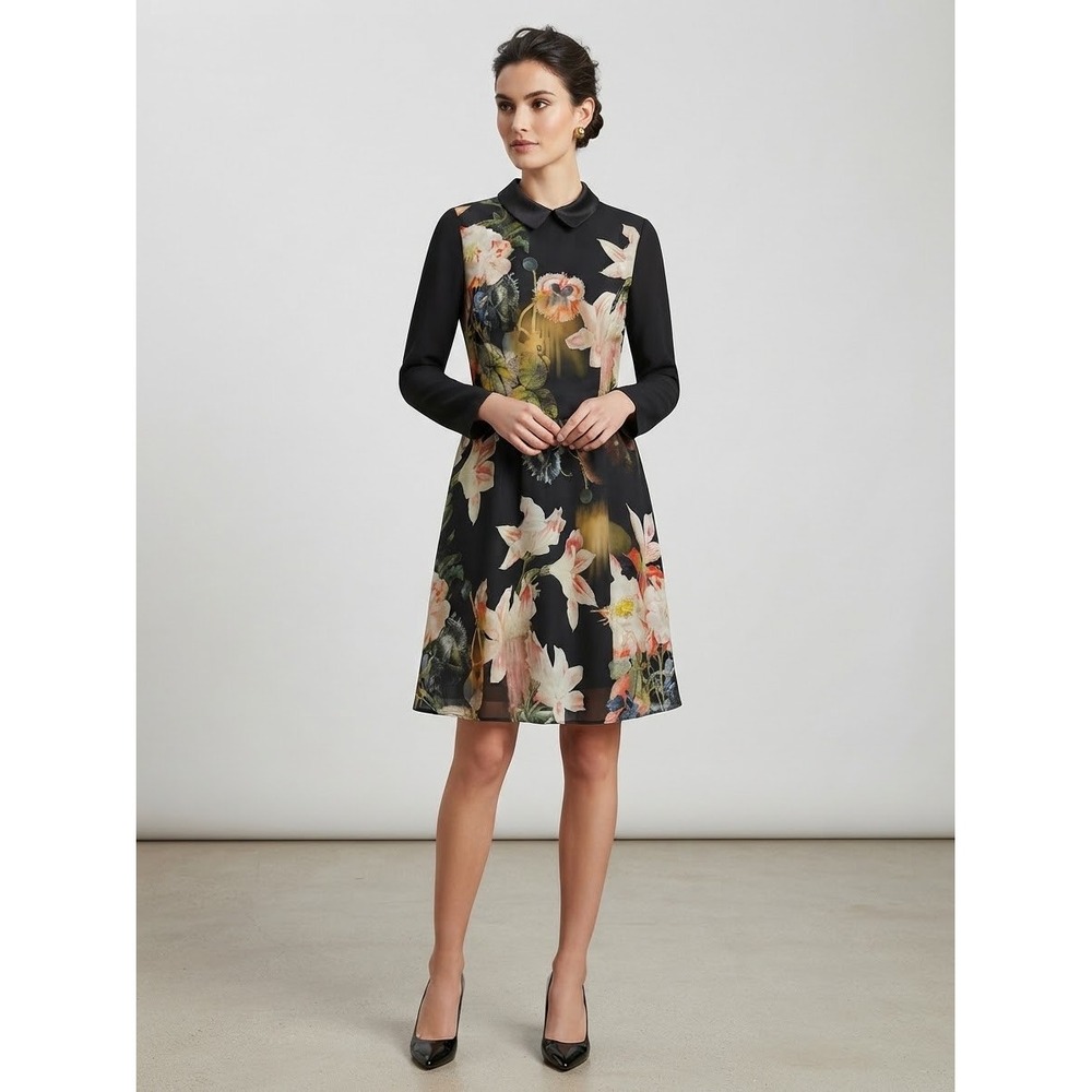 Ted Baker London Encyclopedia Floral Peter Pan Collar Dress Black Mini Size 3